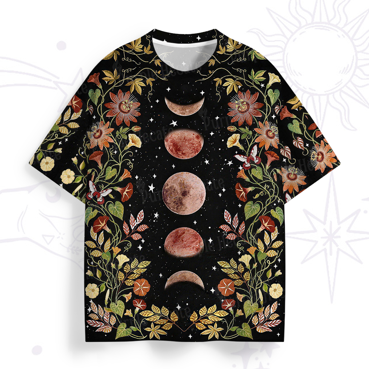 Purplehecate Moon Phase Floral All Over Print T-Shirt