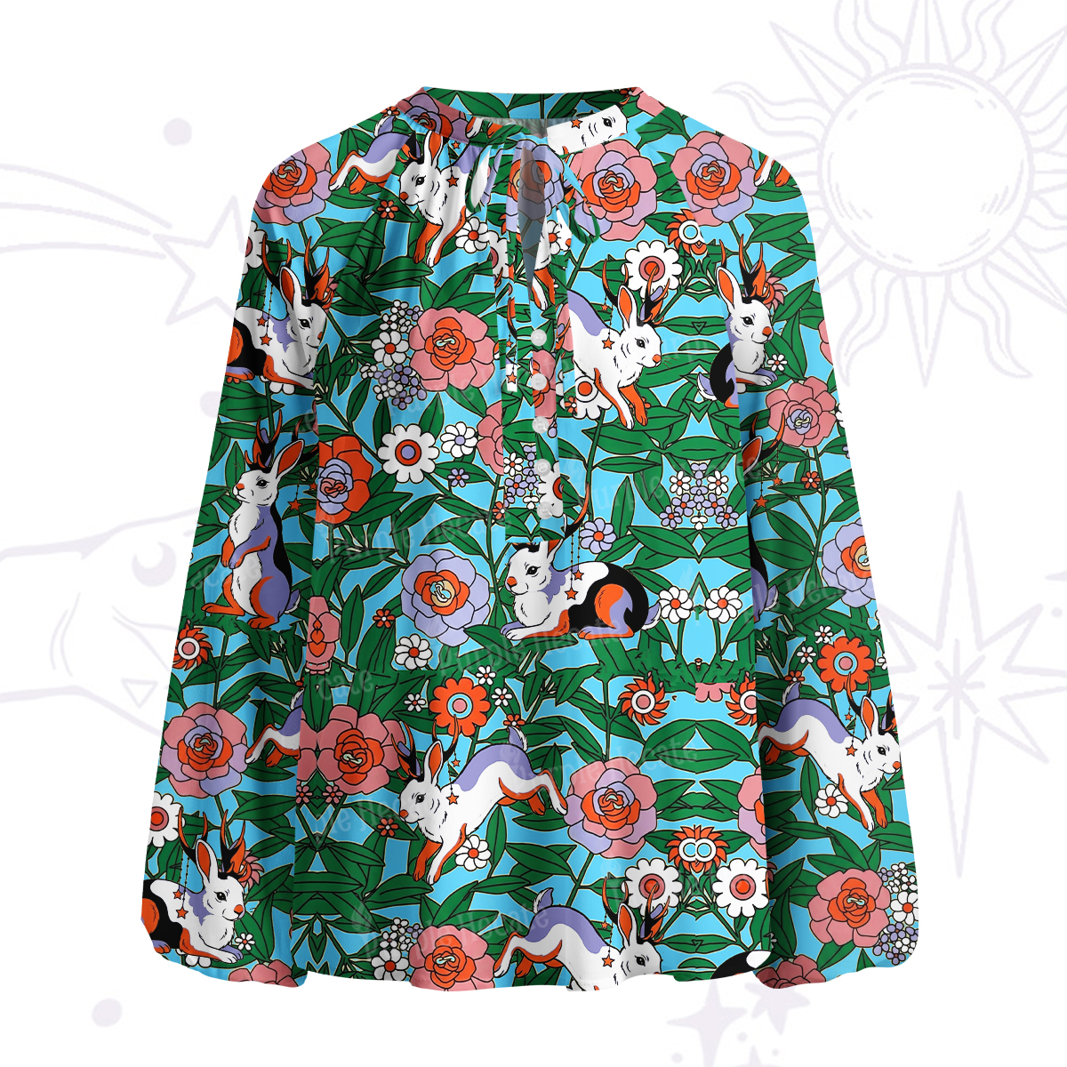 Purplehecate Mystic Blossom Bunny Garden Split Neck Tie Blouse
