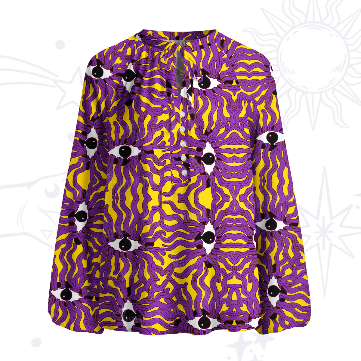 Purplehecate Psychedelic Wave Eyes Split Neck Tie Blouse