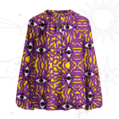 Purplehecate Psychedelic Wave Eyes Split Neck Tie Blouse