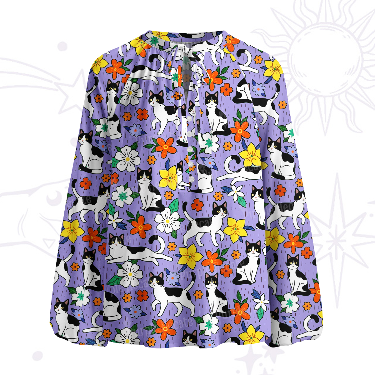 Purplehecate Enchanted Spring Whispering Cat Split Neck Tie Blouse