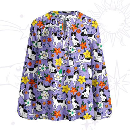 Purplehecate Enchanted Spring Whispering Cat Split Neck Tie Blouse
