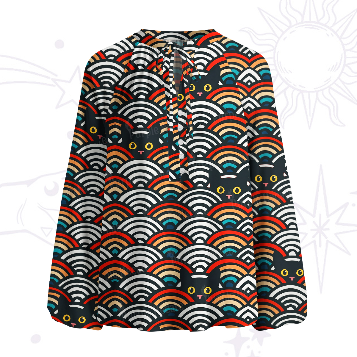 Purplehecate Rainbow Black Cat Waves Split Neck Tie Blouse