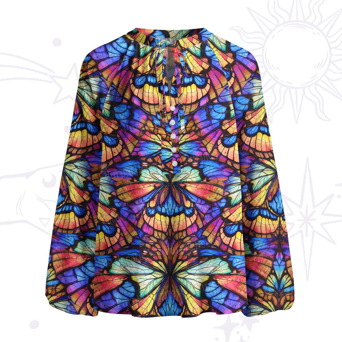 Purplehecate Colorful Butterfly Wing Pattern Split Neck Tie Blouse