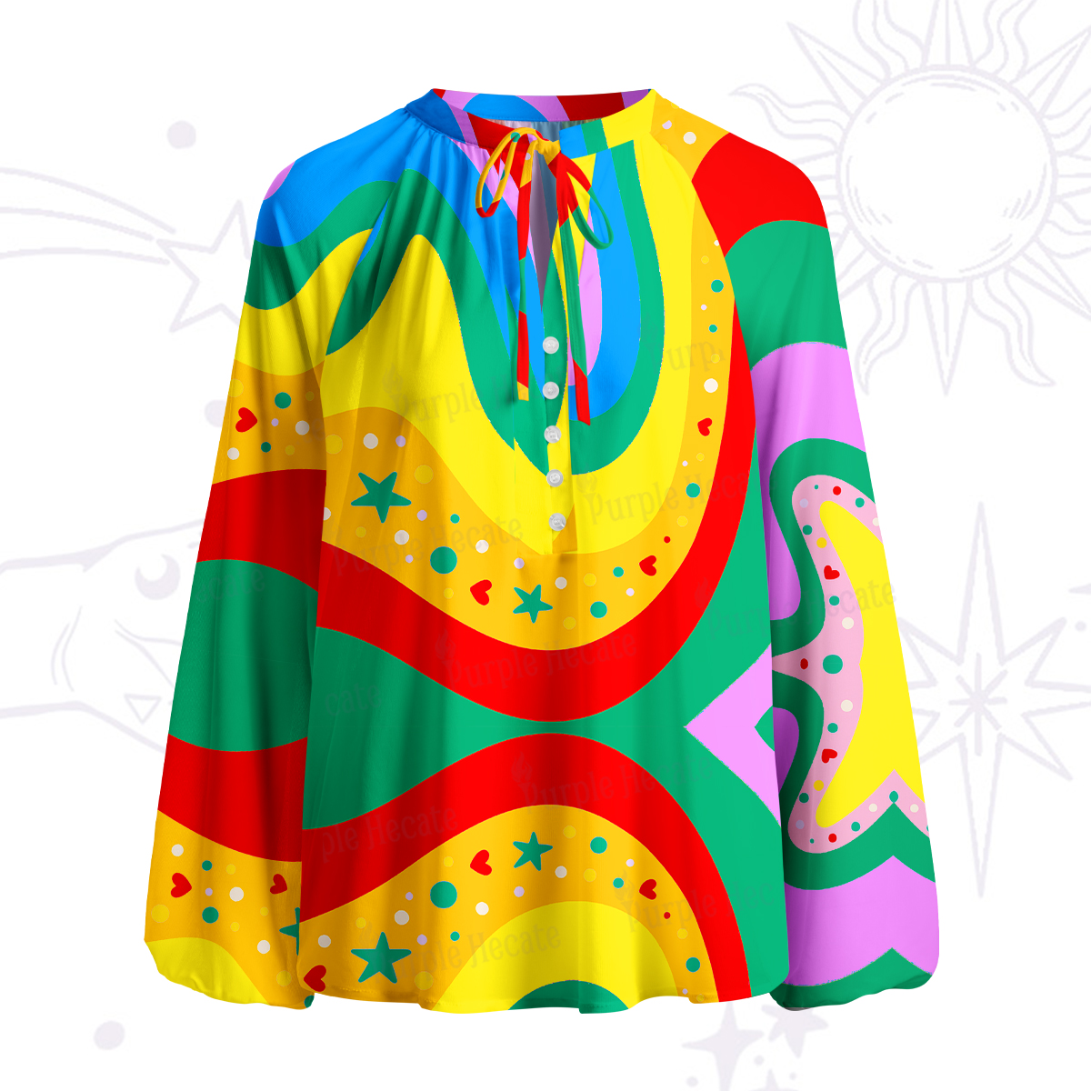 Purplehecate Dreamy Rainbow Waves Split Neck Tie Blouse
