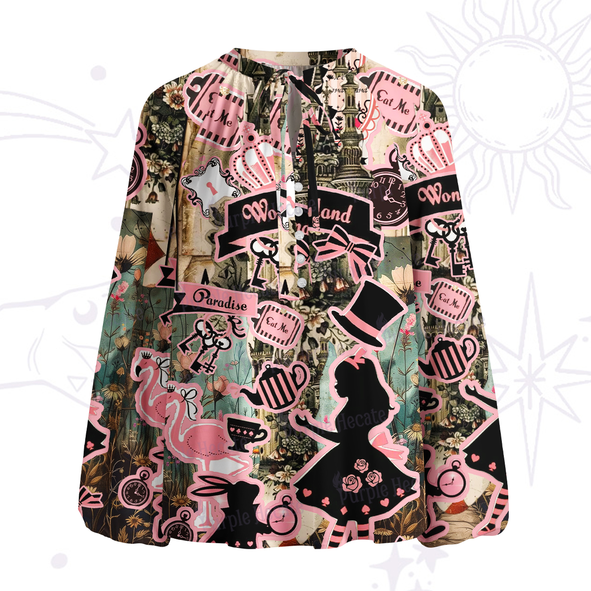 Purplehecate Wonderland Alice's Tea Party Split Neck Tie Blouse