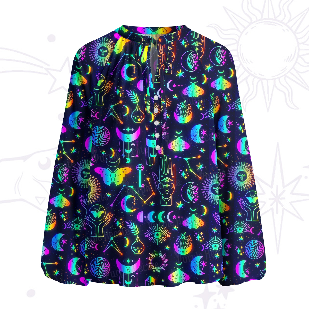 Purplehecate Blacklight Butterfly Split Neck Tie Blouse