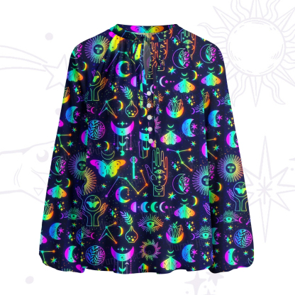 Purplehecate Blacklight Butterfly Split Neck Tie Blouse