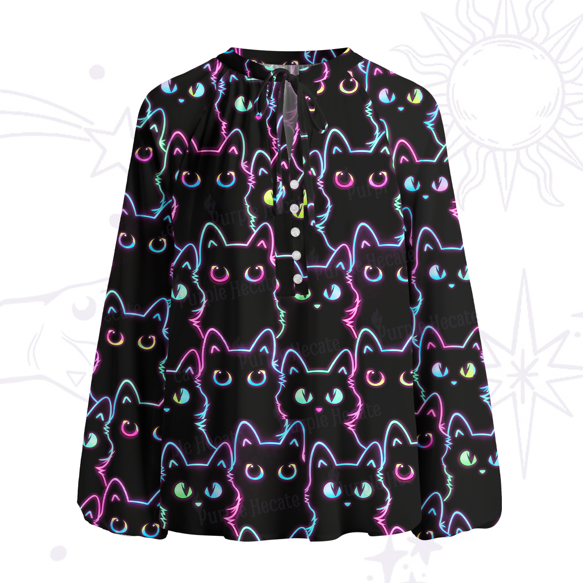 Purplehecate Neon Glow Stacked Cats Split Neck Tie Blouse