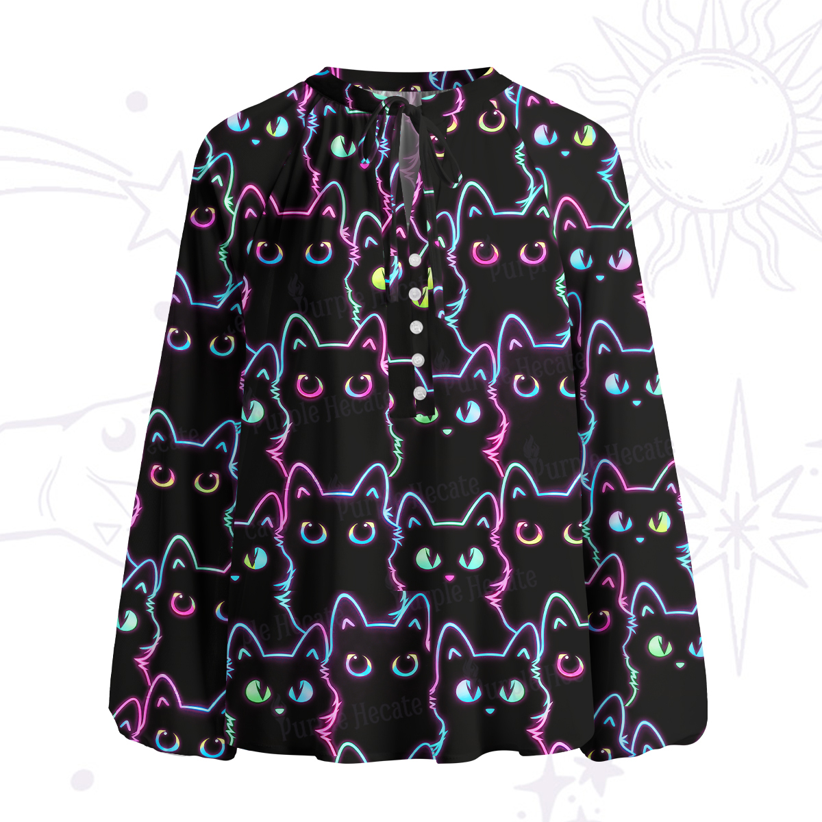 Purplehecate Neon Glow Stacked Cats Split Neck Tie Blouse