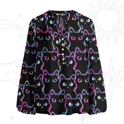 Purplehecate Neon Glow Stacked Cats Split Neck Tie Blouse