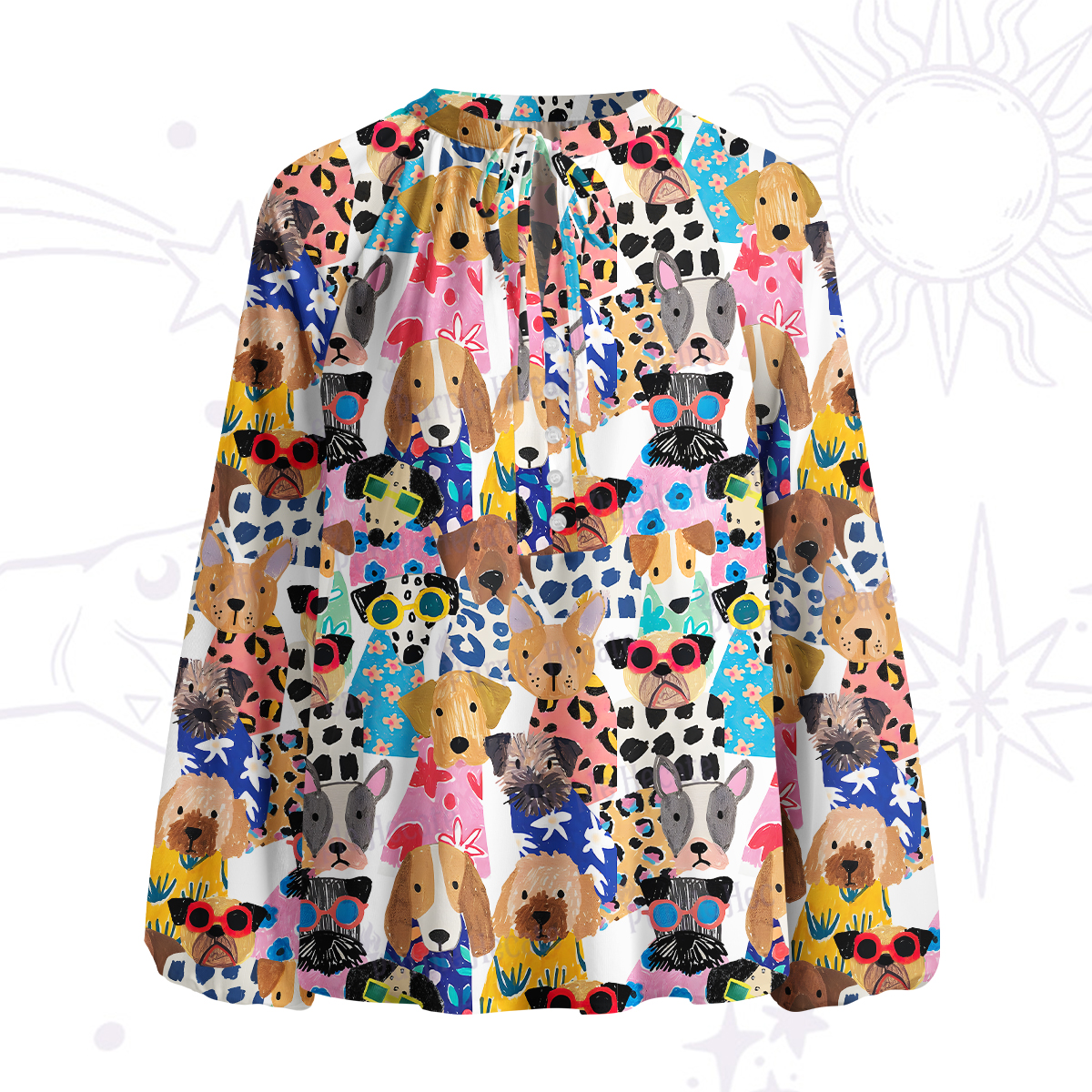 Purplehecate Puppy Parade Split Neck Tie Blouse