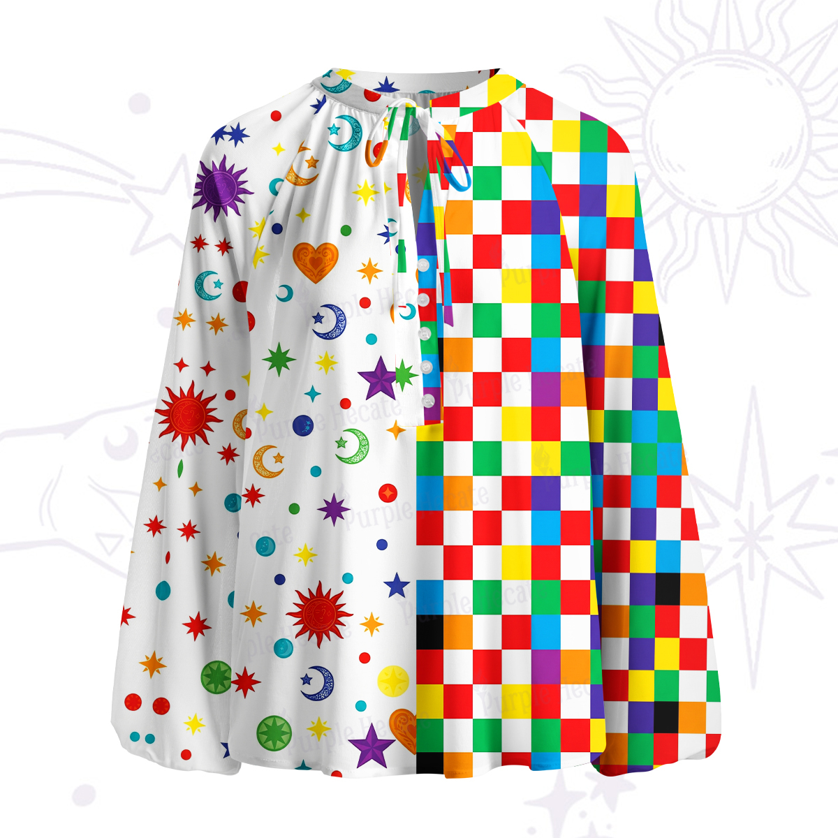 Purplehecate Celestial Rainbow Blocks Split Neck Tie Blouse