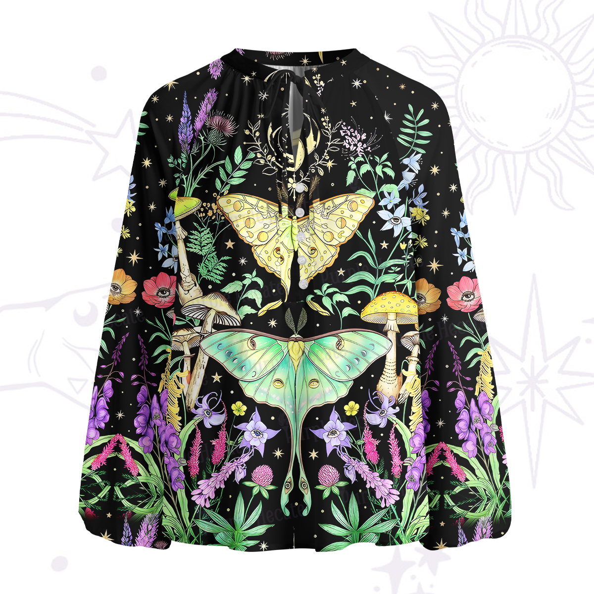Purplehecate Mystic Lunar Moth Herbal Forest Split Neck Tie Blouse