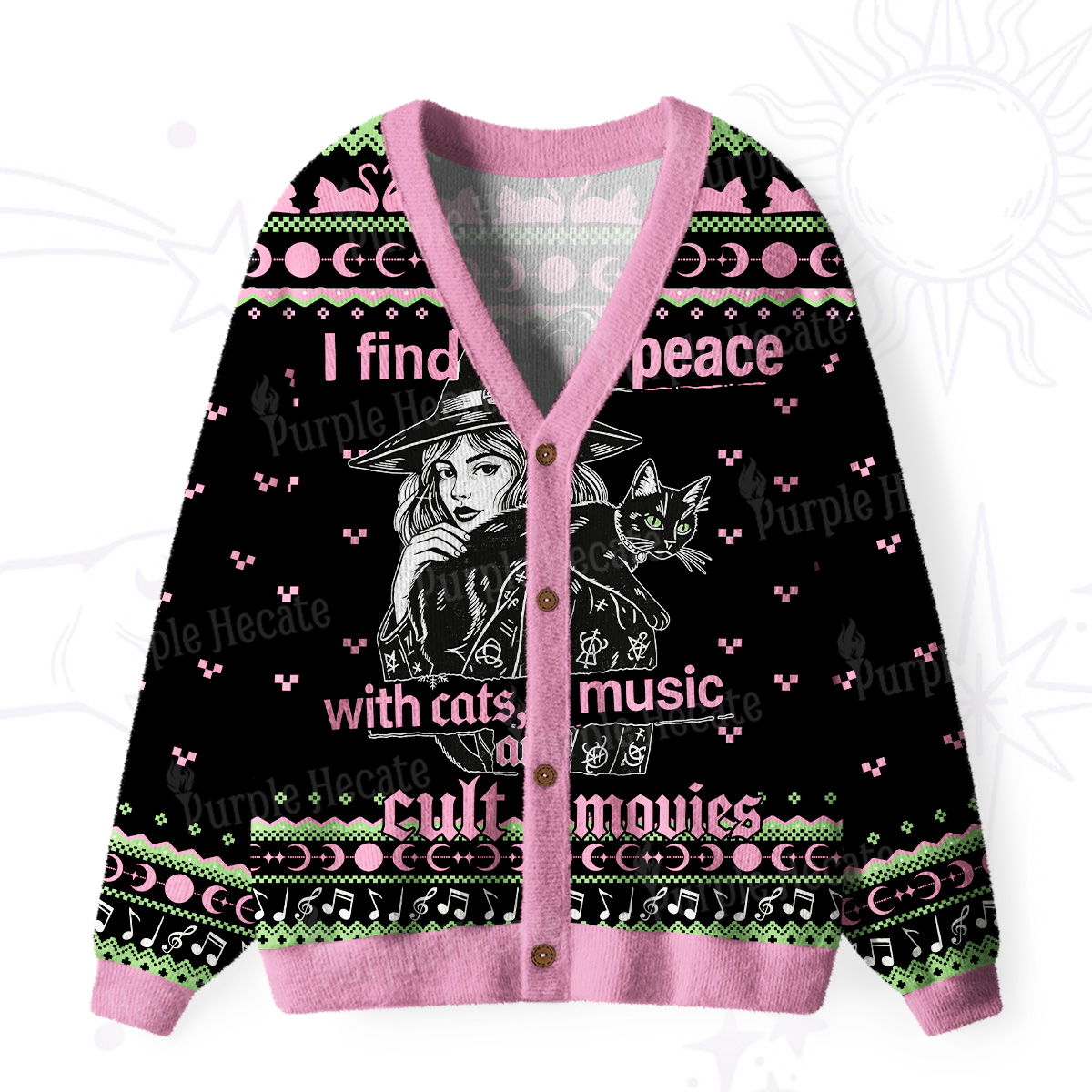 Purplehecate I Find Peace With Cats Music Cult Movies Ugly Cardigan Sweaters