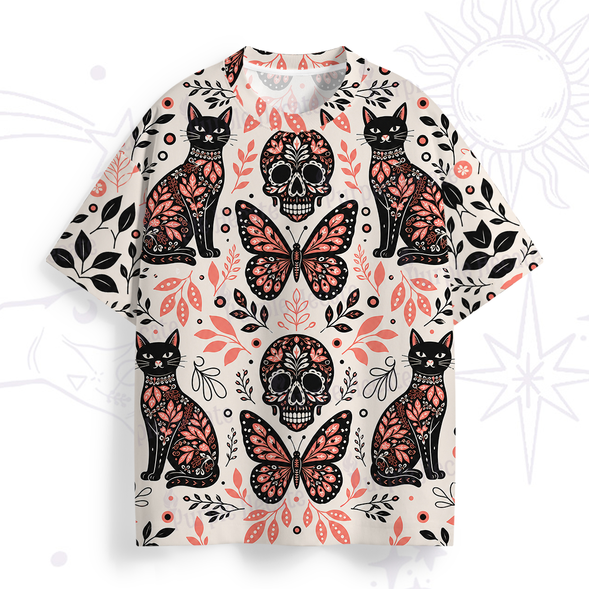 Purplehecate Gothic Cats & Floral Skulls All Over Print T-Shirt