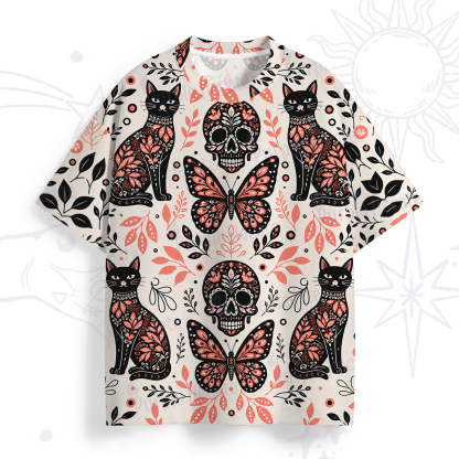 Purplehecate Gothic Cats & Floral Skulls All Over Print T-Shirt