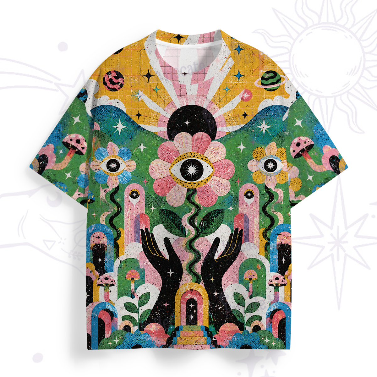 Purplehecate Psychedelic Blooming Hands All Over Print T-Shirt