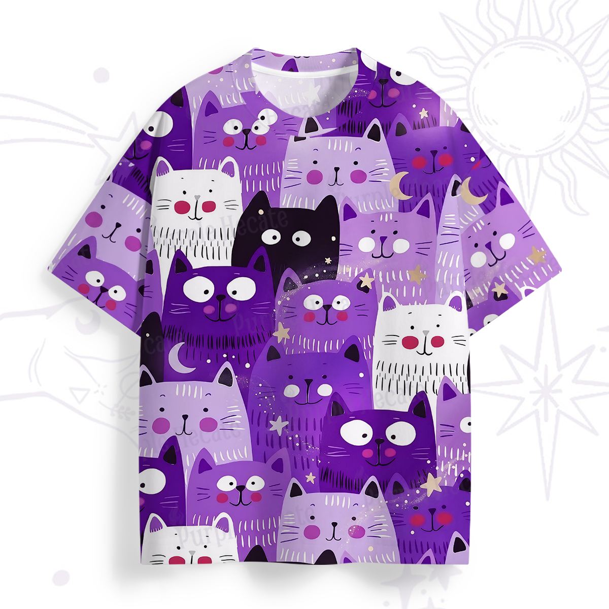 Purplehecate Colorful Cat Faces All Over Print T-Shirt