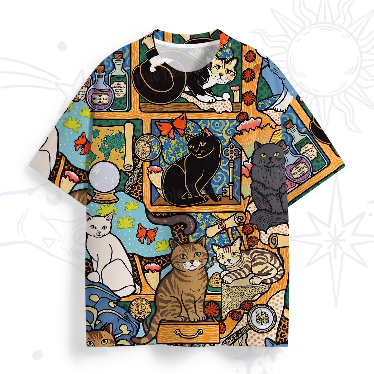 Purplehecate Witchy Curiosity Cabinet Cats All Over Print T-Shirt