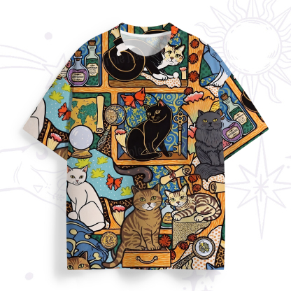 Purplehecate Witchy Curiosity Cabinet Cats All Over Print T-Shirt