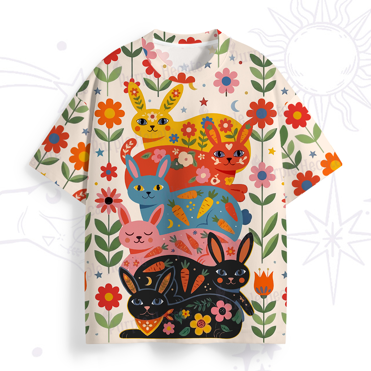 Purplehecate Folk Art Rainbow Floral Bunny All Over Print T-Shirt
