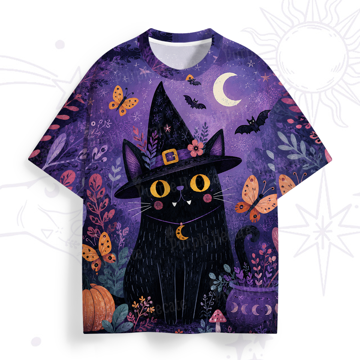 Purplehecate Halloween Witch Cat Moonlight All Over Print T-Shirt