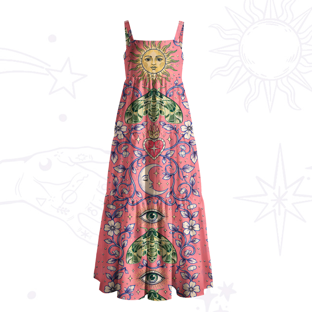 Purplehecate Sacred Moth Garden Wide Straps Maxi Dress