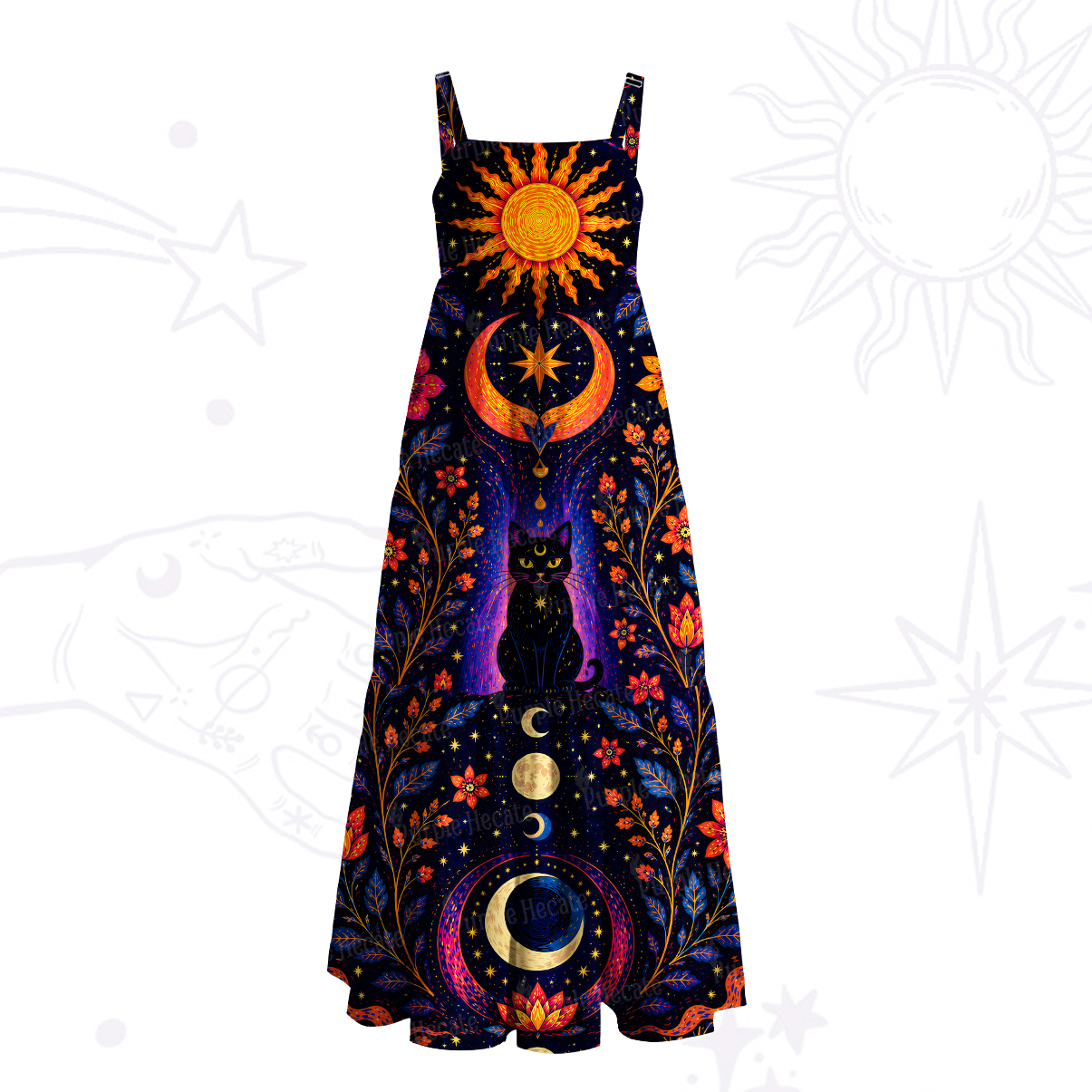 Purplehecate Solar Lunar Garden Black Cat Wide Straps Maxi Dress