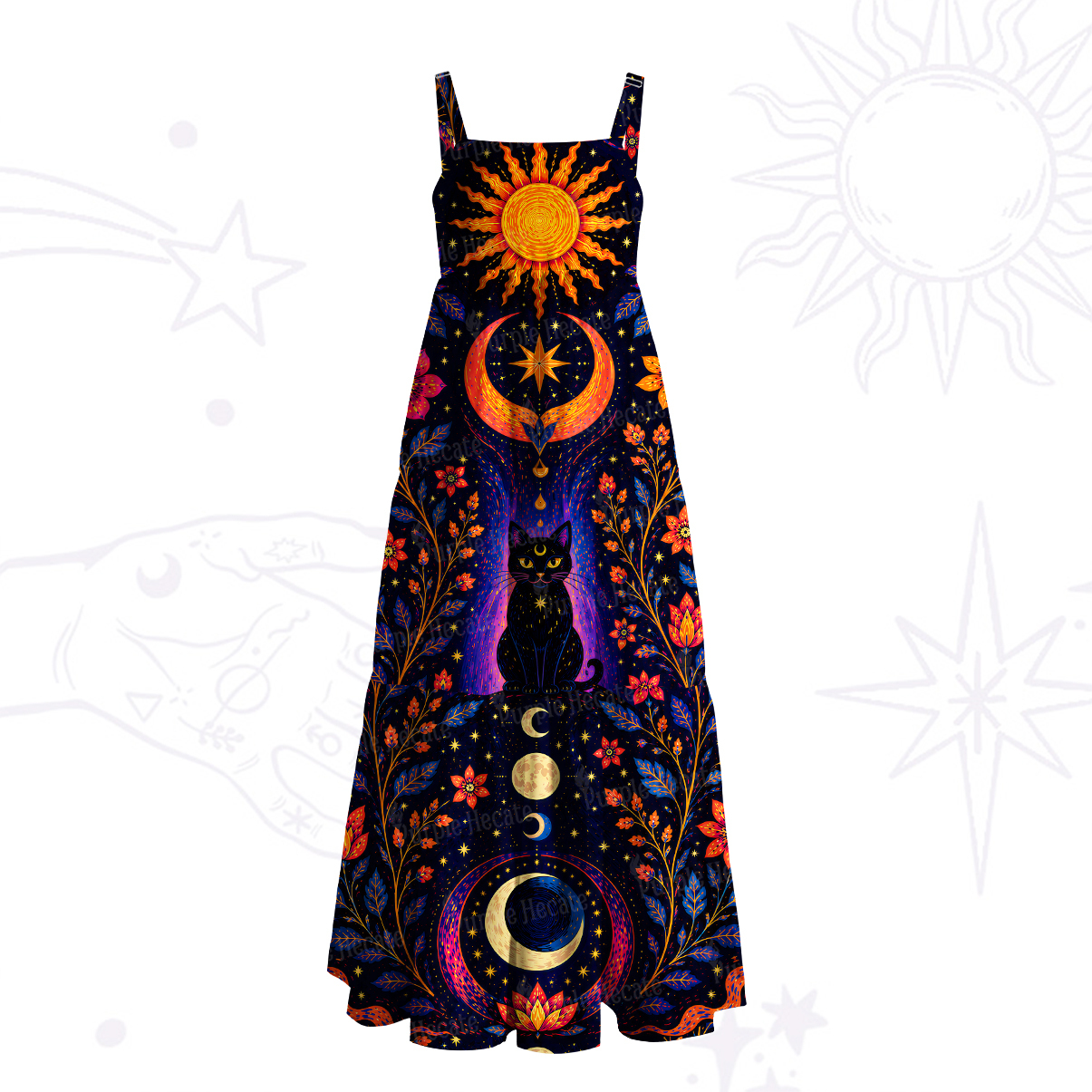 Purplehecate Solar Lunar Garden Black Cat Wide Straps Maxi Dress