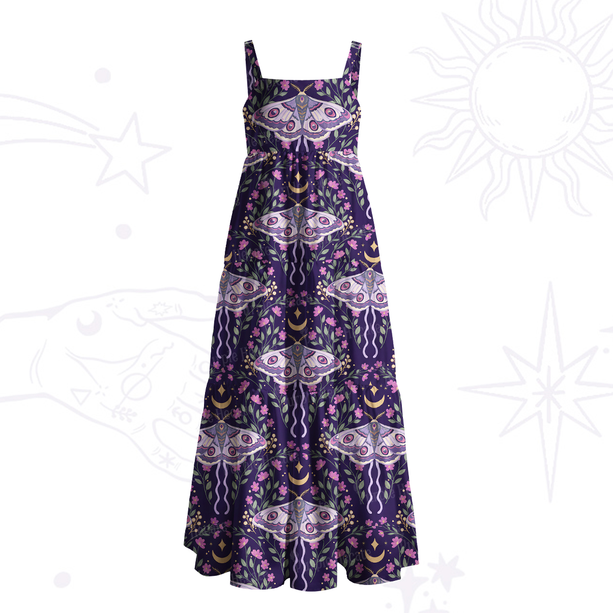 Purplehecate Enchanted Night Moth Stars Wide Straps Maxi Dress