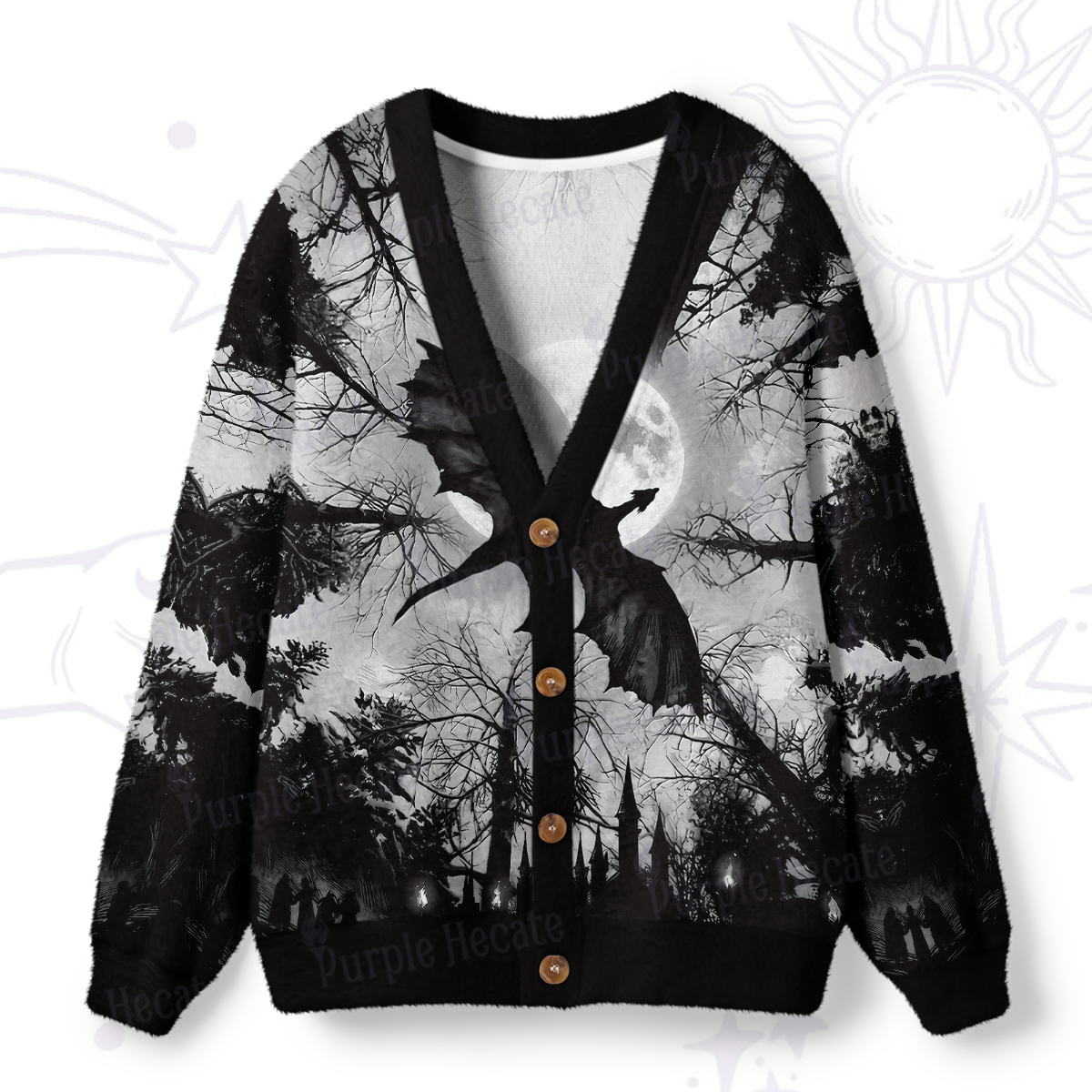 Purplehecate Gothic Moonlit Dragon Forest Ugly Cardigan Sweaters