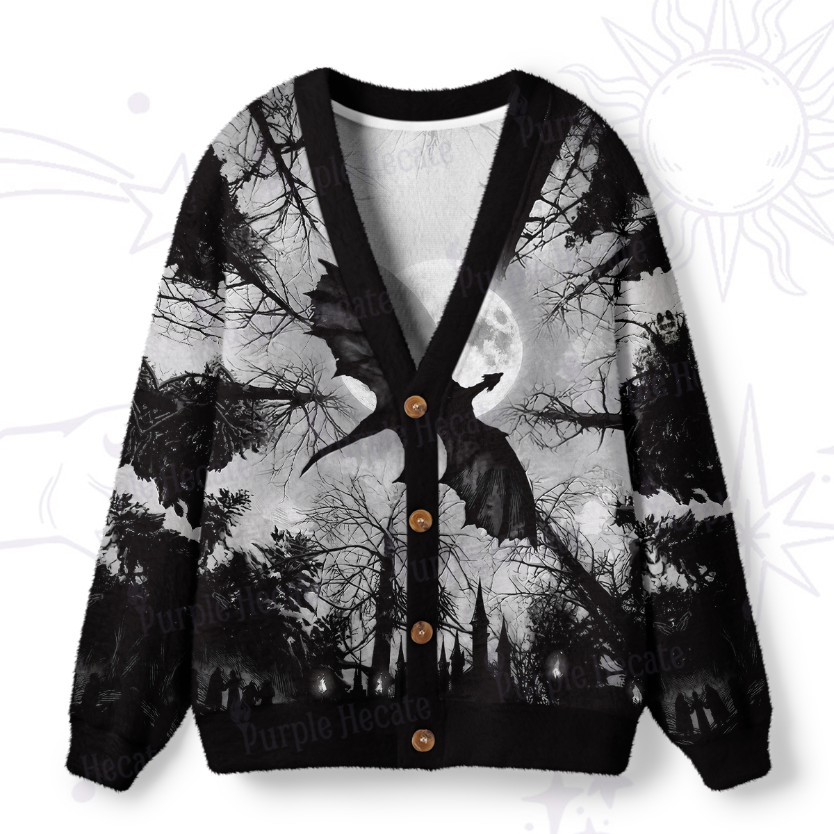 Purplehecate Gothic Moonlit Dragon Forest Ugly Cardigan Sweaters