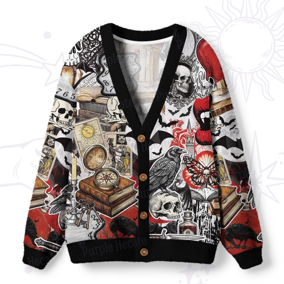 Purplehecate Gothic Occult Raven & Skull Collage Ugly Cardigan Sweaters