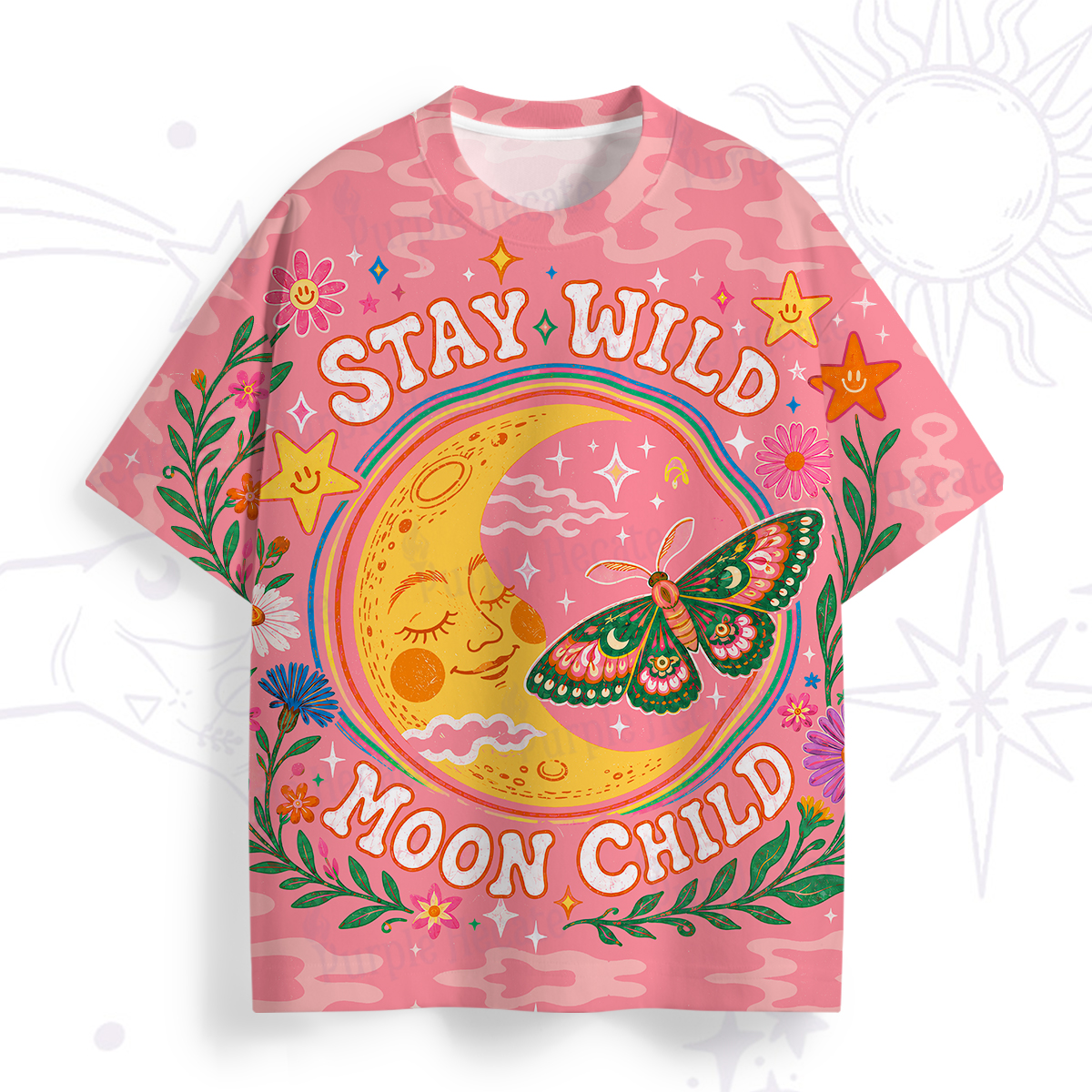 Purplehecate Stay Wild Moon Child Pink Lunar Moth All Over Print T-Shirt