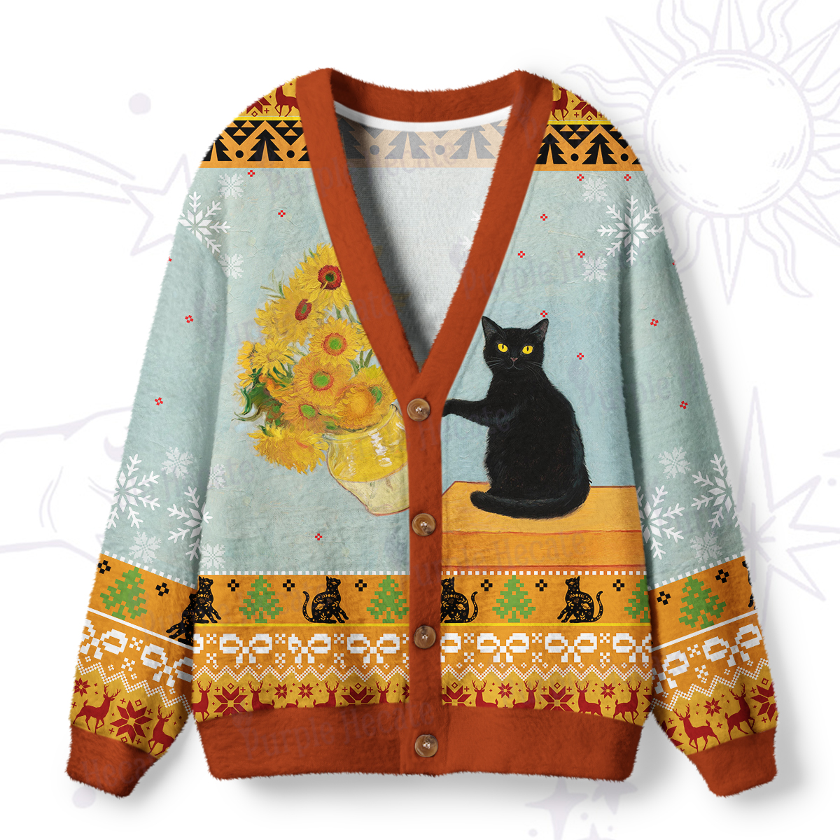 Purplehecate Sunflower Cat Ugly Cardigan Sweaters