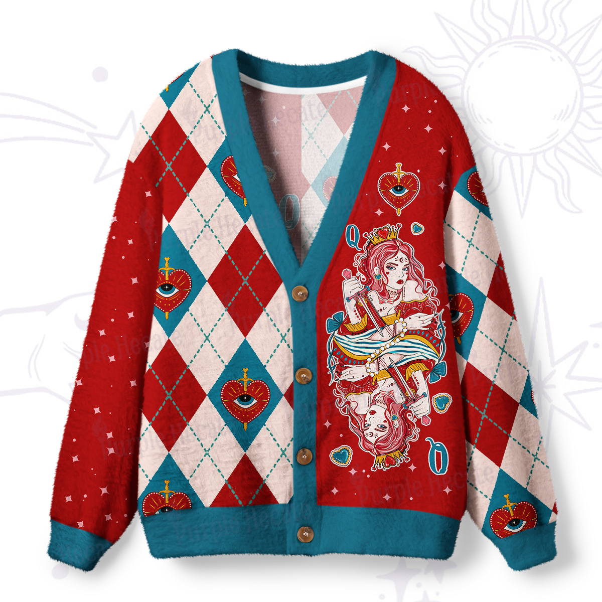 Purplehecate Queen of Hearts Ugly Cardigan Sweaters