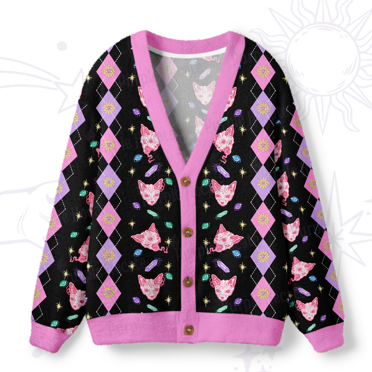 Purplehecate Moon Phase Cat Ugly Cardigan Sweaters