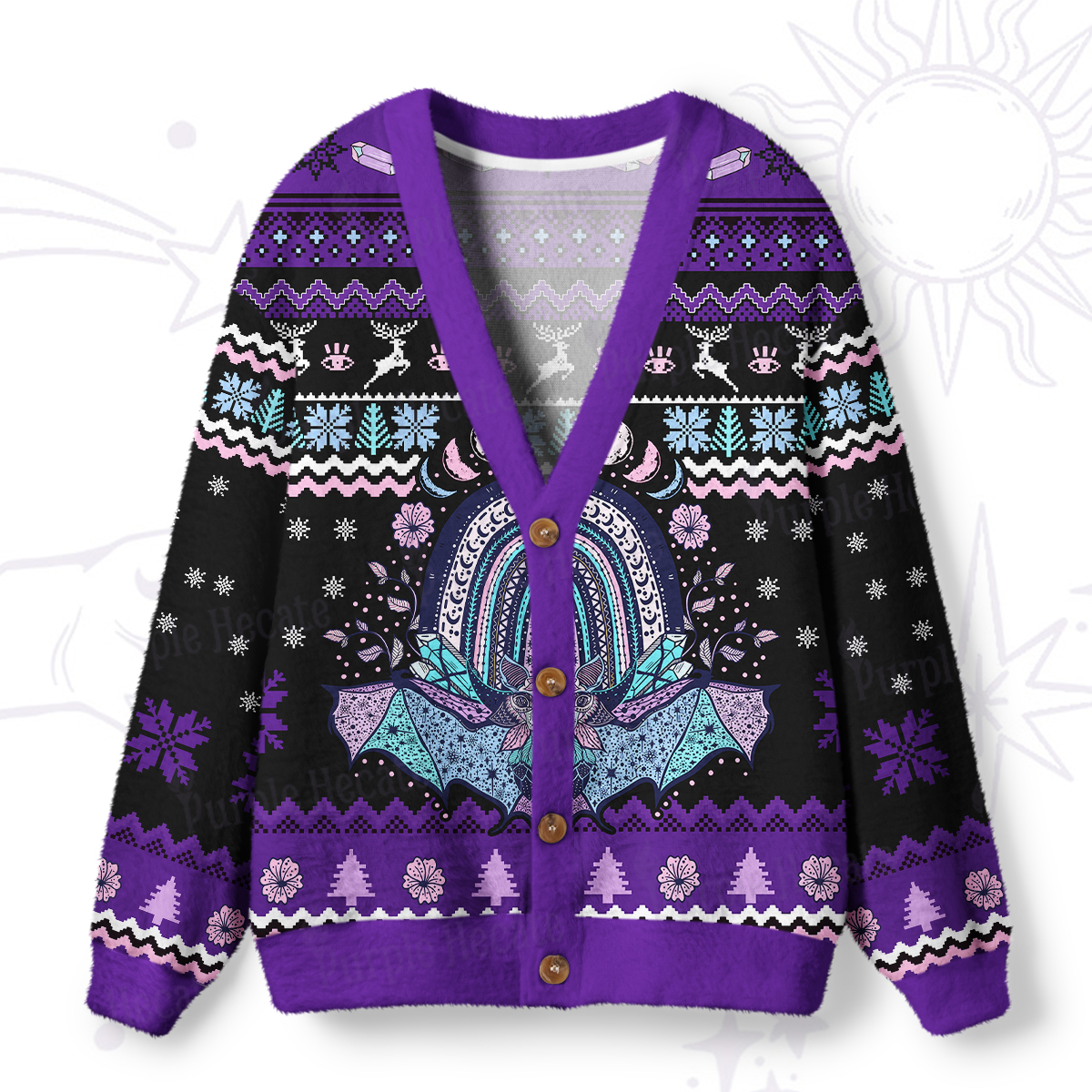 Purplehecate Moon Phase Bat Ugly Cardigan Sweaters