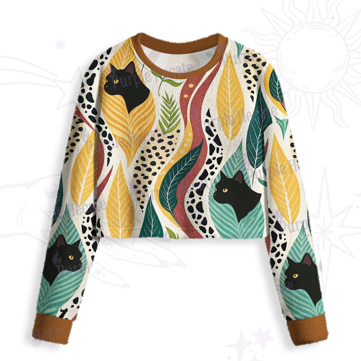 Purplehecate Mystic Forest Cat Crop Fuzzy Ugly Sweatshirt