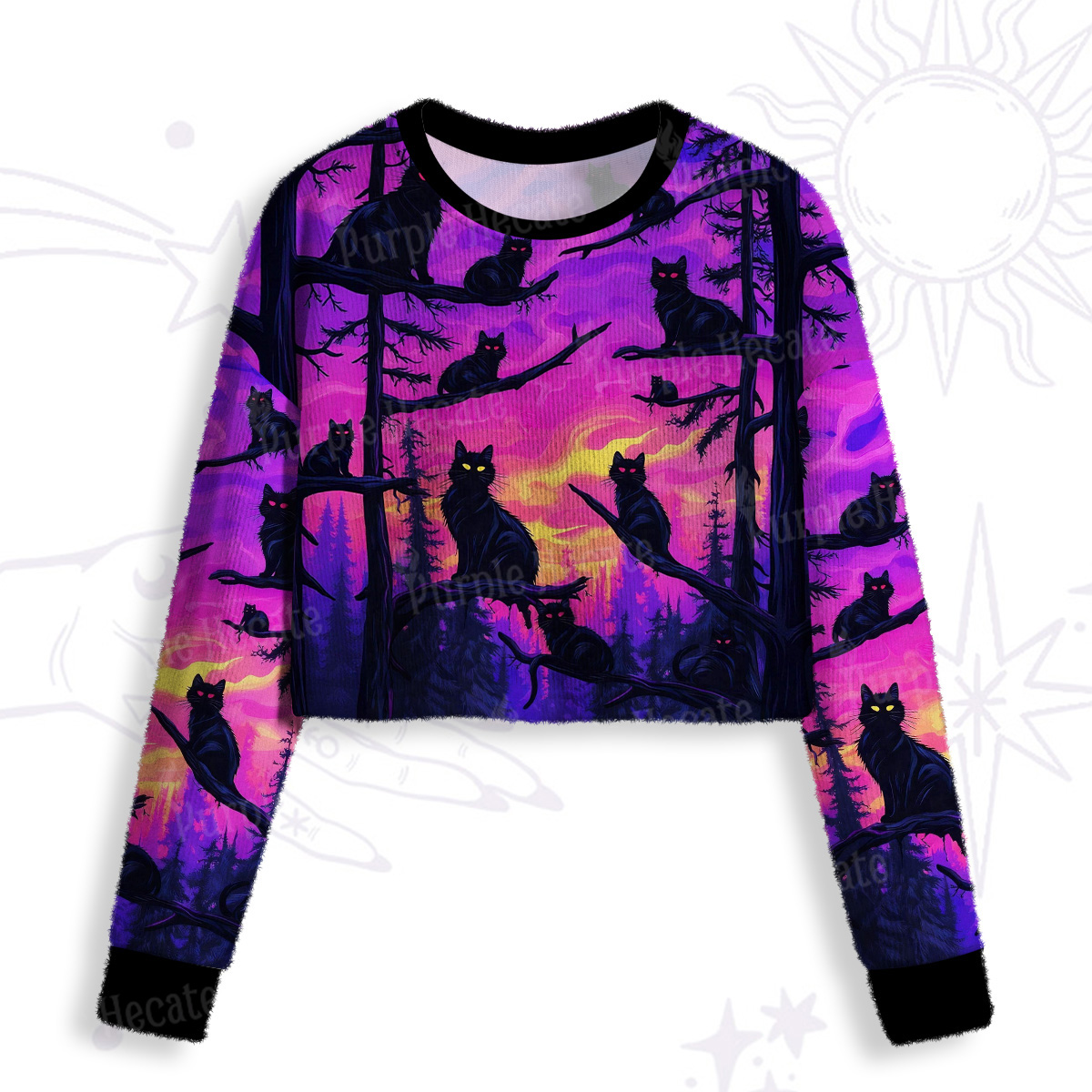 Purplehecate Twilight Forest Guardian Cat Crop Fuzzy Ugly Sweatshirt
