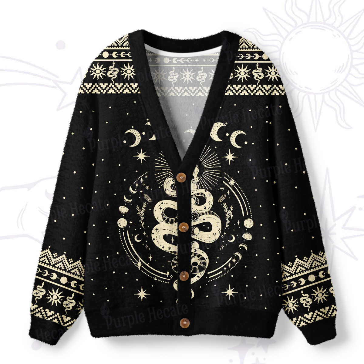 Purplehecate Snake And Moon Phase Comfort Ugly Cardigan Sweaters