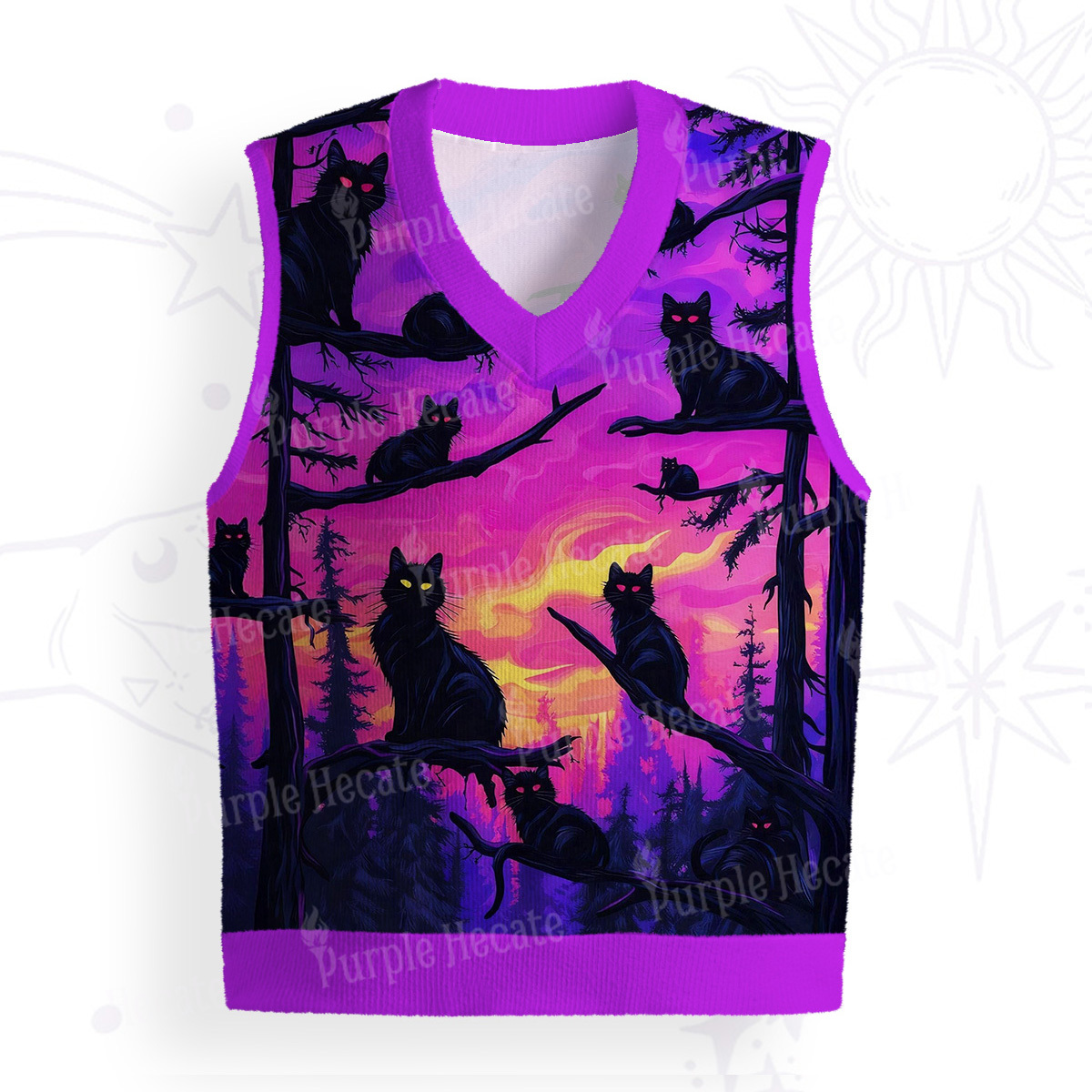 Purplehecate Twilight Forest Guardian Cat Ugly Sweater Vest
