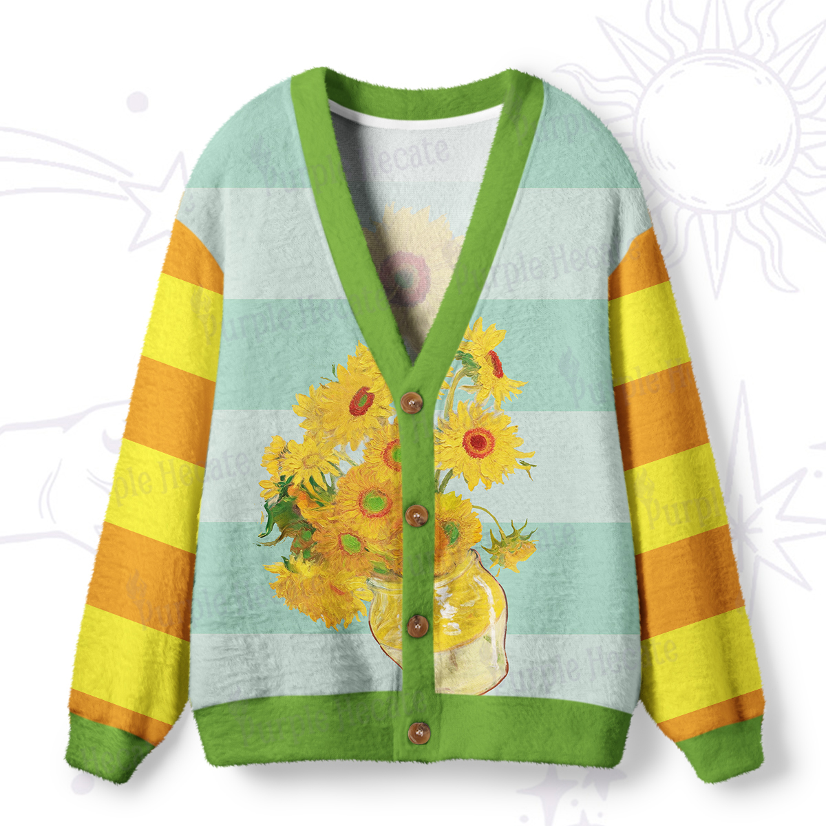 Purplehecate Golden Sunburst Bouquet Ugly Cardigan Sweaters