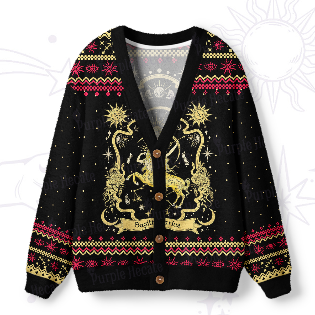 Purplehecate Sagittarius' Astral Mirage Zodiac Ugly Cardigan Sweaters