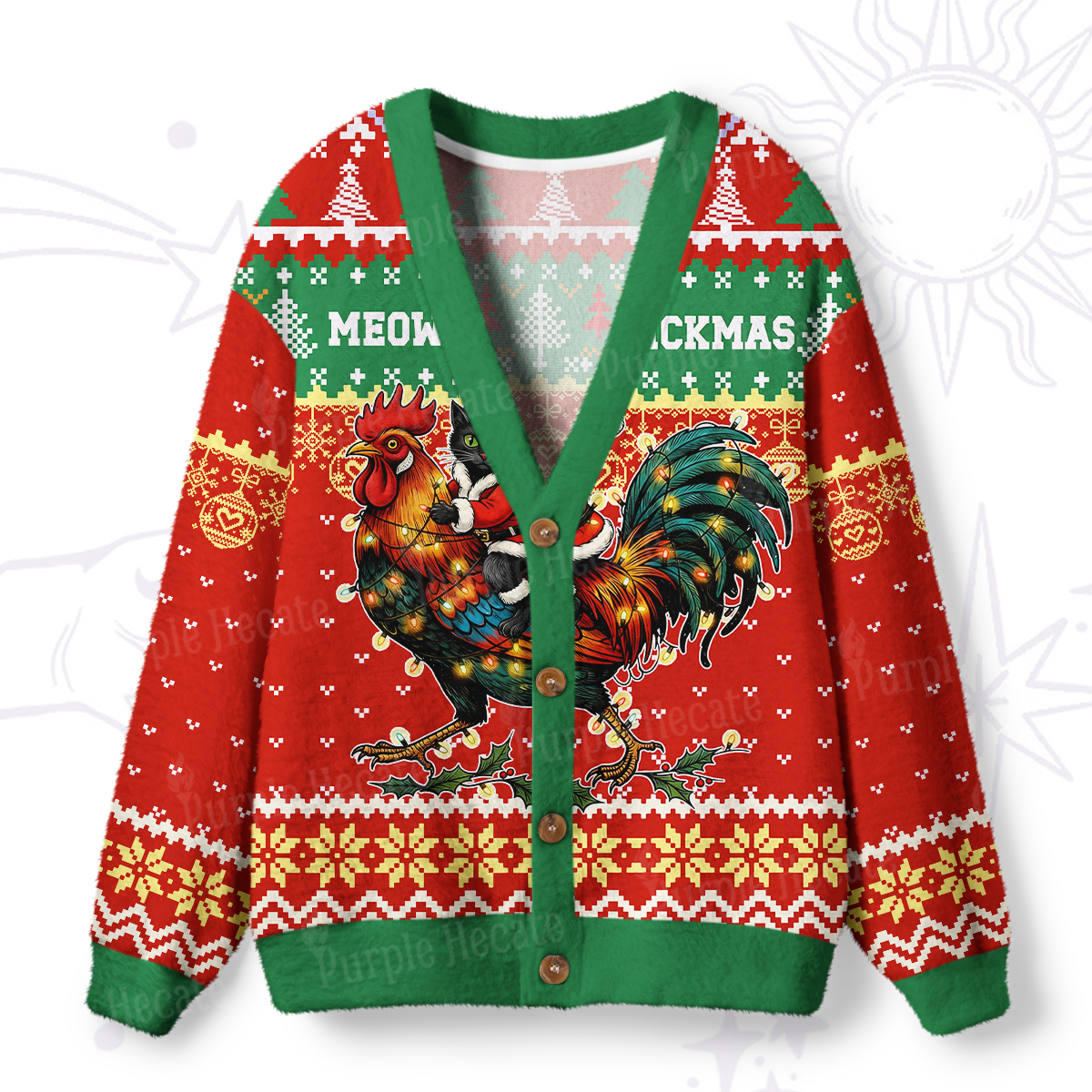 Purplehecate Meowy Chickenmas Ugly Cardigan Sweaters