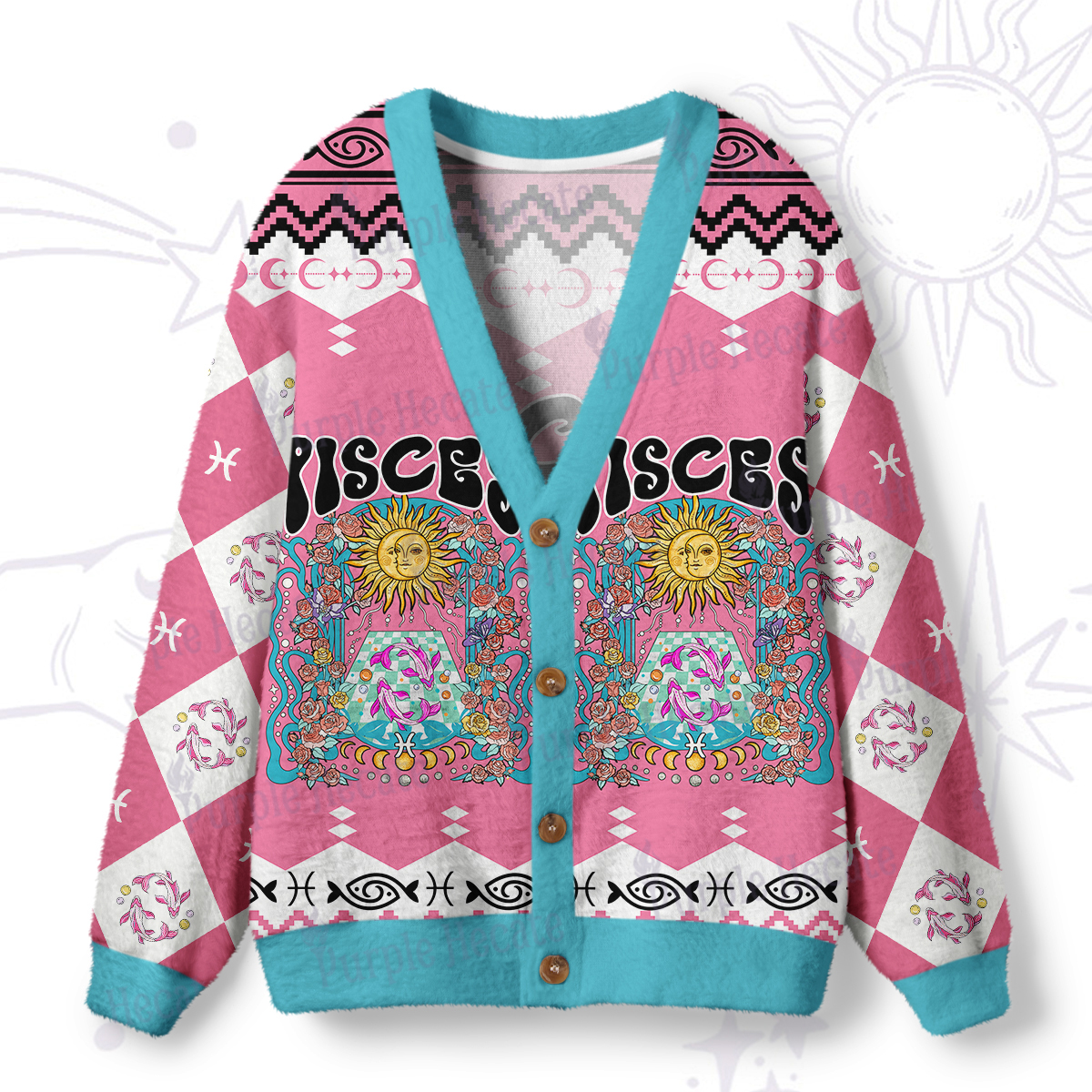 Purplehecate Pisces Spirit Zodiac Ugly Cardigan Sweaters