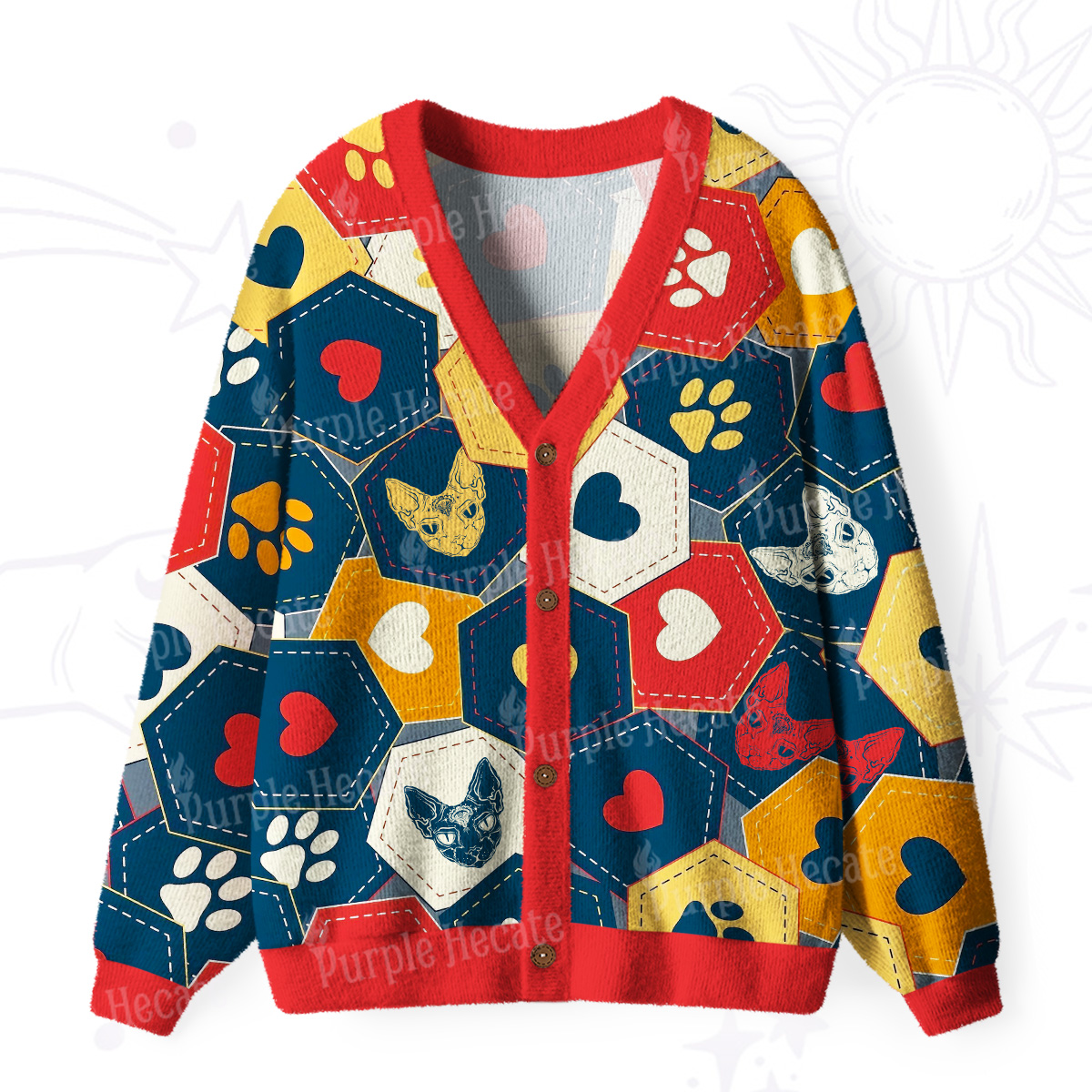 Purplehecate Whimsical Cat Paw Love Ugly Cardigan Sweaters