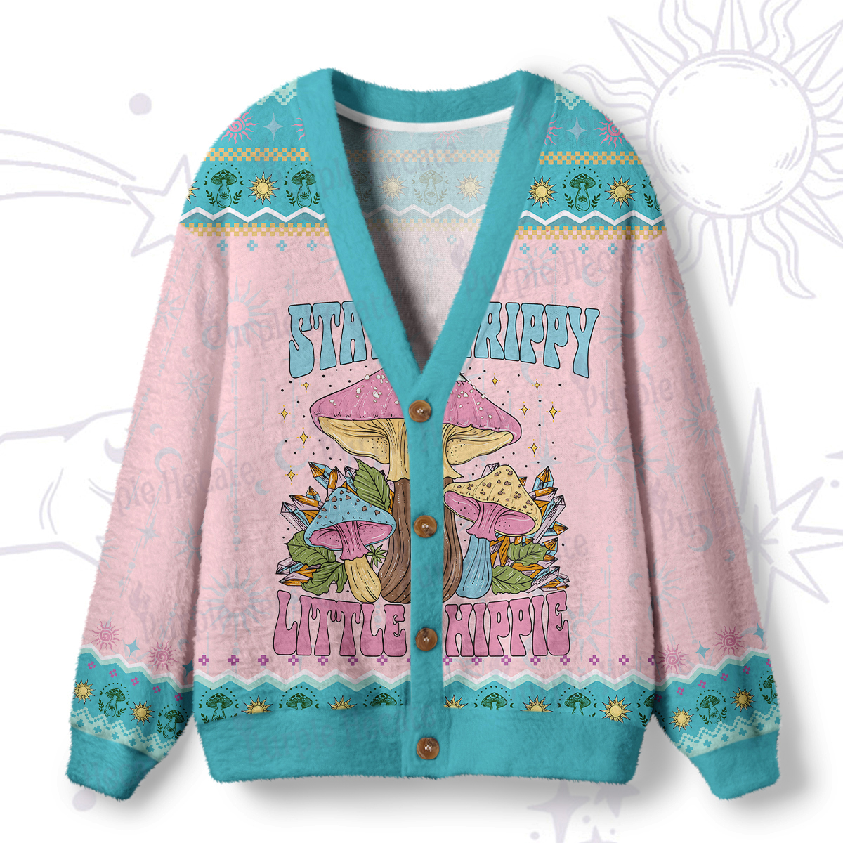 Purplehecate Stay Trippy Little Hippie Mushroom Ugly Cardigan Sweaters