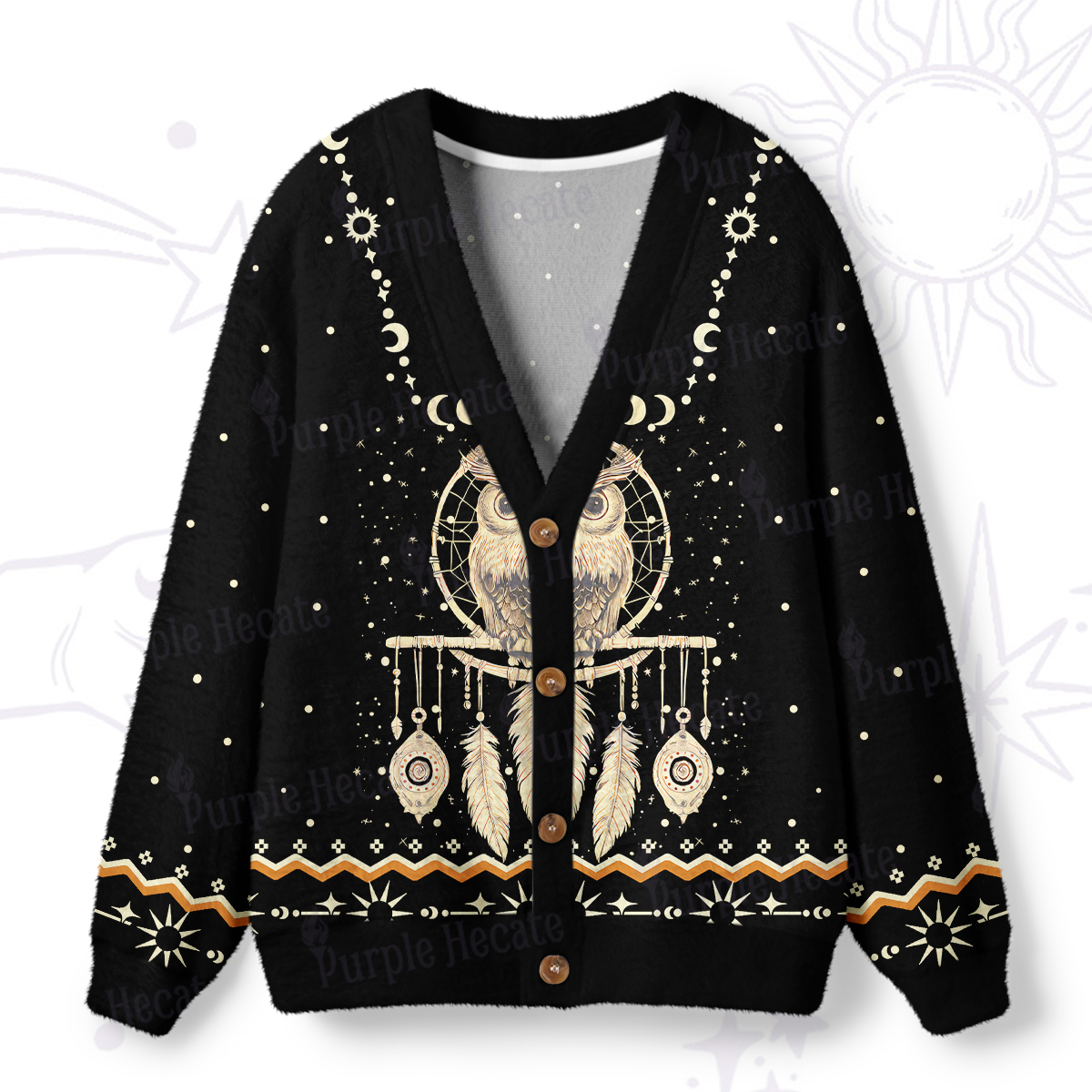 Purplehecate Luna Owl Dream Catcher Ugly Cardigan Sweaters